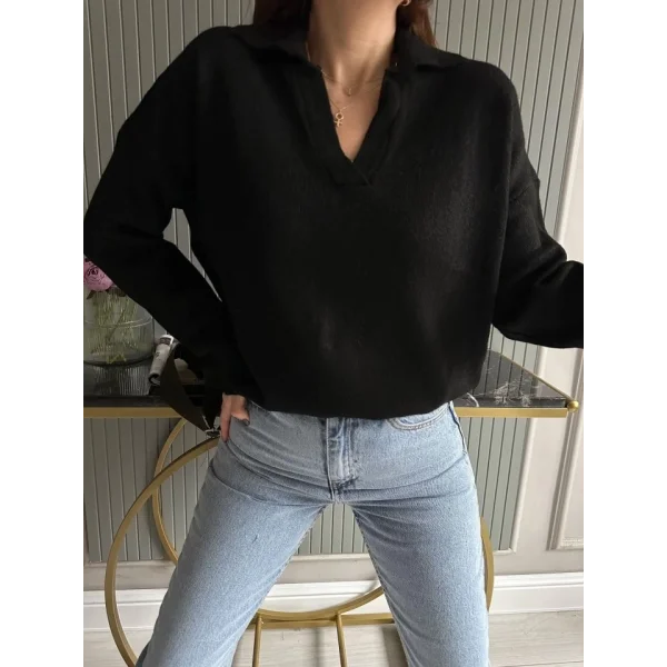 Kadın Beyaz Uzun Kollu Yakalı Triko Bluz