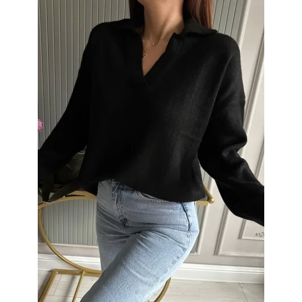 Kadın Beyaz Uzun Kollu Yakalı Triko Bluz