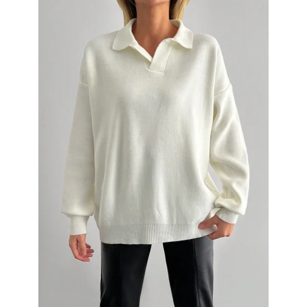 Kadın Beyaz Uzun Kollu Yakalı Triko Bluz