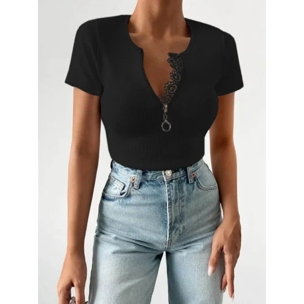 Kadın Beyaz Yaka Dantel Ve Fermuarlı Kaşkorse Bluz