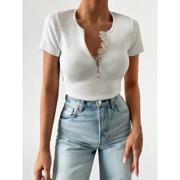 Kadın Beyaz Yaka Dantel Ve Fermuarlı Kaşkorse Bluz