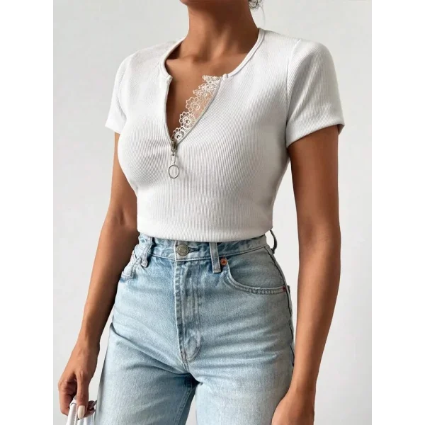 Kadın Beyaz Yaka Dantel Ve Fermuarlı Kaşkorse Bluz