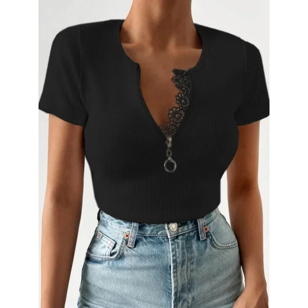 Kadın Beyaz Yaka Dantel Ve Fermuarlı Kaşkorse Bluz