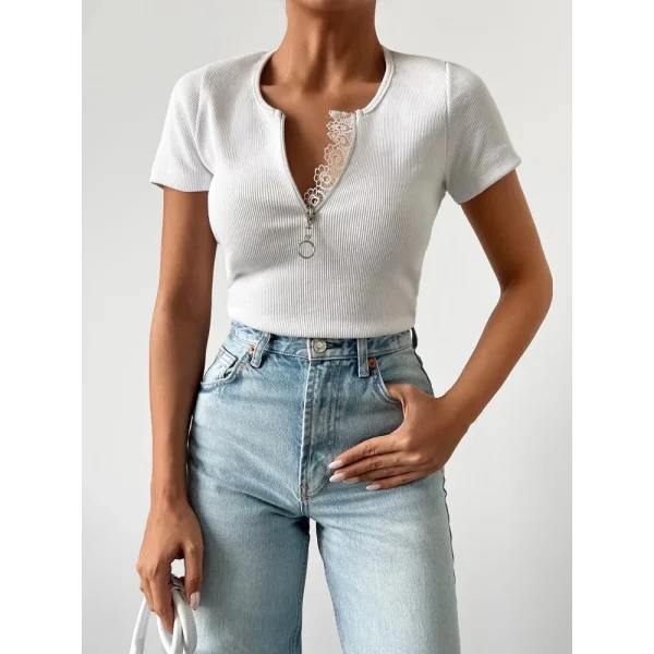 Kadın Beyaz Yaka Dantel Ve Fermuarlı Kaşkorse Bluz