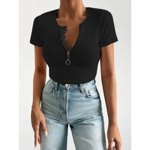 Kadın Beyaz Yaka Dantel Ve Fermuarlı Kaşkorse Bluz