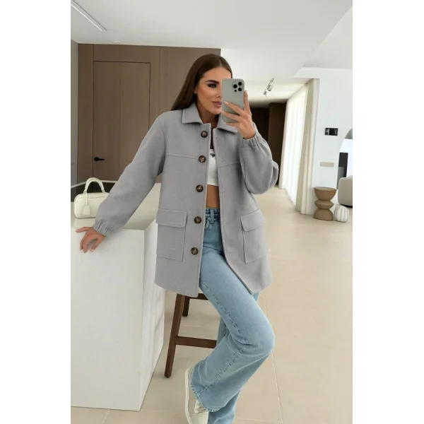 Kadın Bileği Lastikli Cep Ve Leopar Düğme Detay Kaşe Kaban