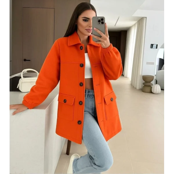 Kadın Bileği Lastikli Cep Ve Leopar Düğme Detay Kaşe Kaban