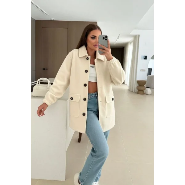 Kadın Bileği Lastikli Cep Ve Leopar Düğme Detay Kaşe Kaban