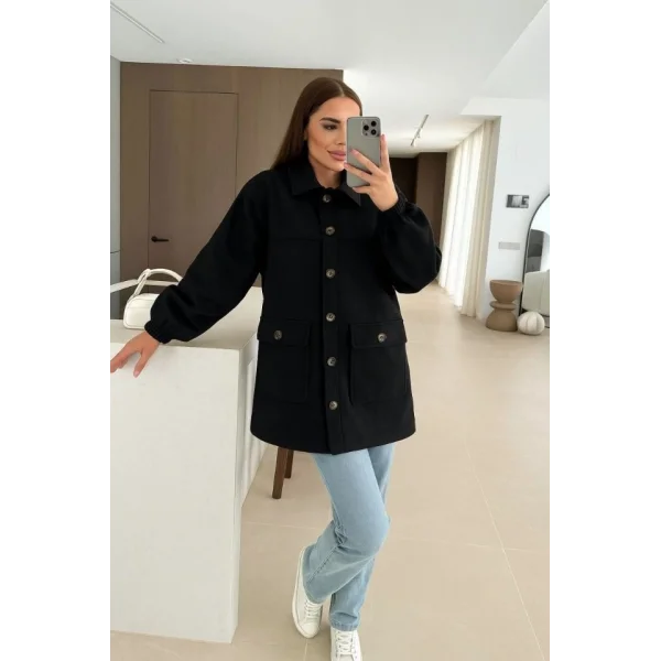 Kadın Bileği Lastikli Cep Ve Leopar Düğme Detay Kaşe Kaban