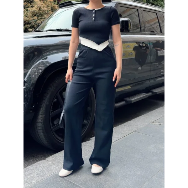 Kadın Bisiklet Yaka Asimetrik Kesim Atlet Detay Bluz Ve Yüksek Bel Bol Paça Pantolon Ikili Takım