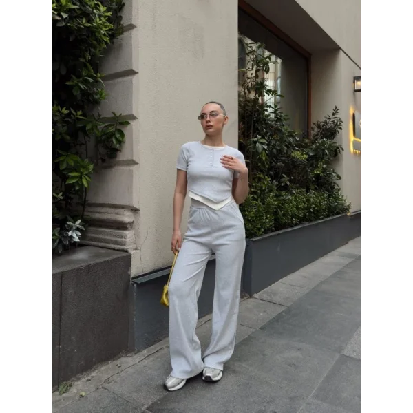 Kadın Bisiklet Yaka Asimetrik Kesim Atlet Detay Bluz Ve Yüksek Bel Bol Paça Pantolon Ikili Takım