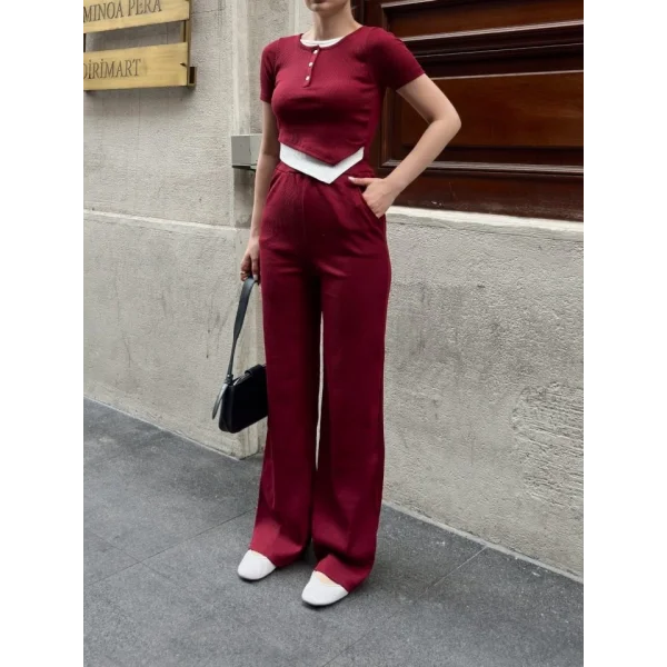 Kadın Bisiklet Yaka Asimetrik Kesim Atlet Detay Bluz Ve Yüksek Bel Bol Paça Pantolon Ikili Takım