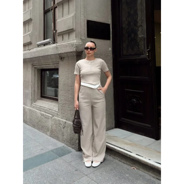 Kadın Bisiklet Yaka Asimetrik Kesim Atlet Detay Bluz Ve Yüksek Bel Bol Paça Pantolon Ikili Takım