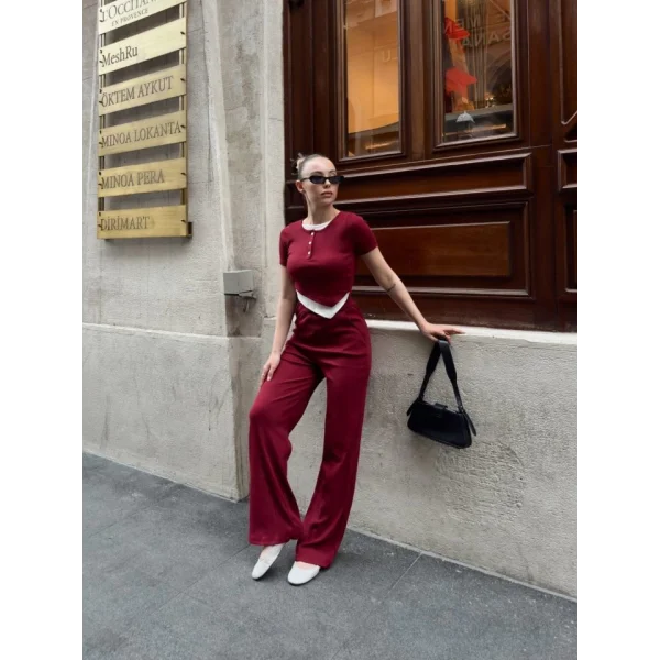 Kadın Bisiklet Yaka Asimetrik Kesim Atlet Detay Bluz Ve Yüksek Bel Bol Paça Pantolon Ikili Takım