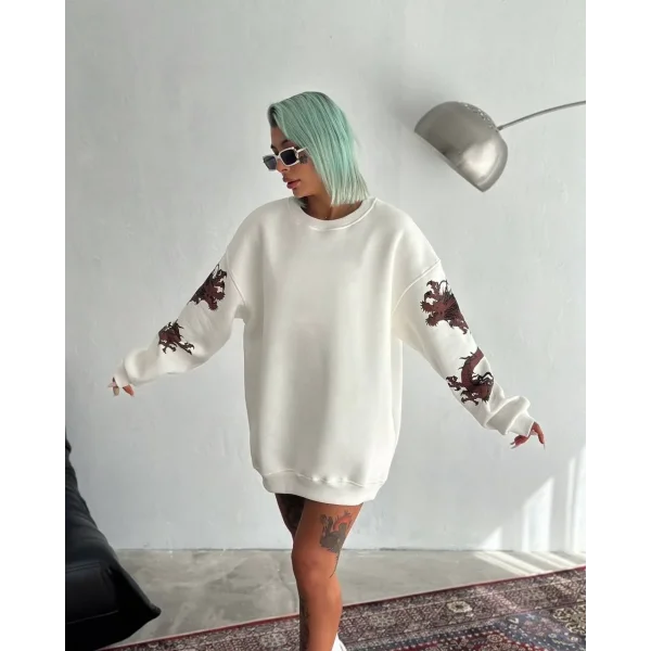 Kadın Bisiklet Yaka Baskılı SweatShirt - Beyaz