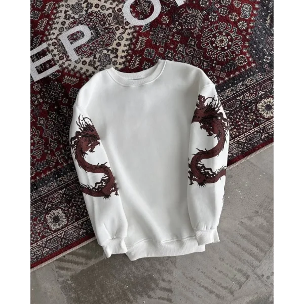Kadın Bisiklet Yaka Baskılı SweatShirt - Beyaz
