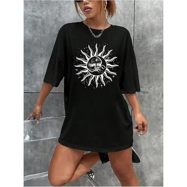 Kadın Bisiklet Yaka Baskılı T-shirt - Siyah