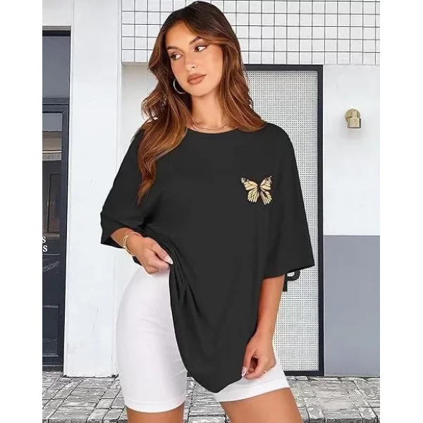 Kadın Bisiklet Yaka Baskılı T-shirt - Siyah