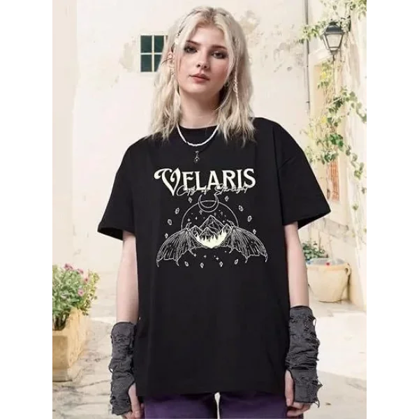 Kadın Bisiklet Yaka Baskılı T-shirt - Siyah