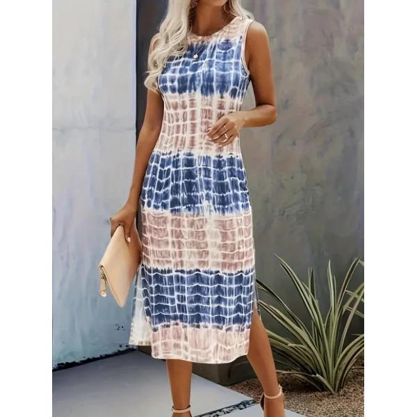 Kadın Bisiklet Yaka Batik Desen Baskılı Süprem Midi Elbise