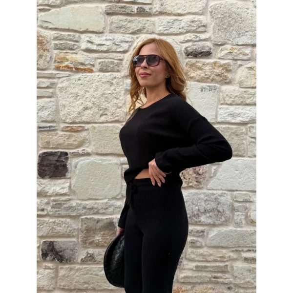 Kadın Bisiklet Yaka Crop Ve Ispanyol Paça Pantolon Ikili Takım