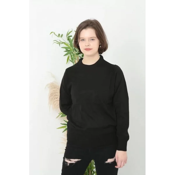 Kadın Bisiklet Yaka Düz Kazak - Siyah