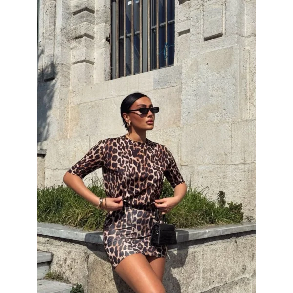 Kadın Bisiklet Yaka eopar Desen Dökümlü Bluz Ve ini Etek Ikili Takım