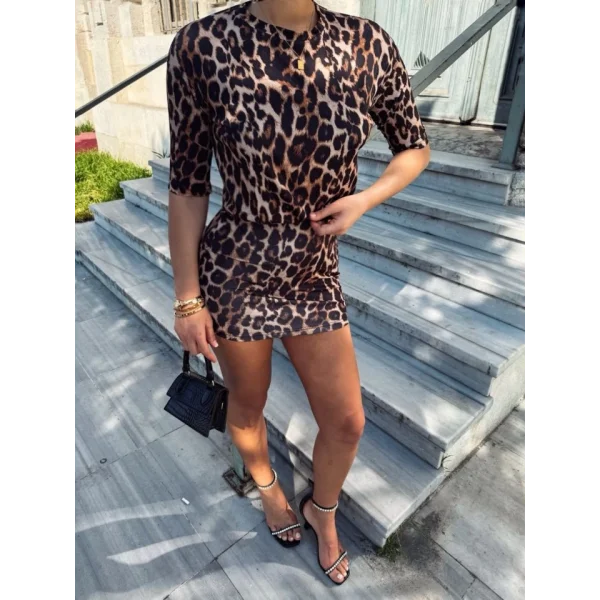 Kadın Bisiklet Yaka eopar Desen Dökümlü Bluz Ve ini Etek Ikili Takım