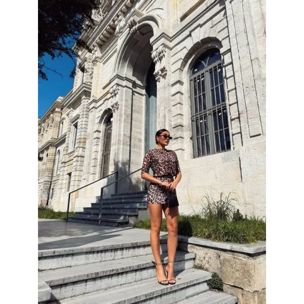 Kadın Bisiklet Yaka eopar Desen Dökümlü Bluz Ve ini Etek Ikili Takım