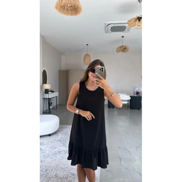 Kadın Bisiklet Yaka Eteği Volanlı Bürümcük Elbise