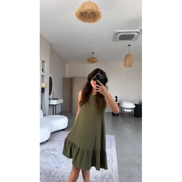 Kadın Bisiklet Yaka Eteği Volanlı Bürümcük Elbise