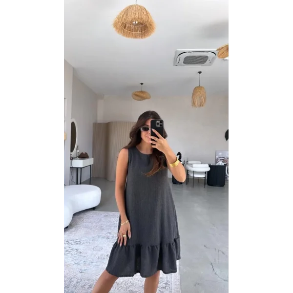 Kadın Bisiklet Yaka Eteği Volanlı Bürümcük Elbise