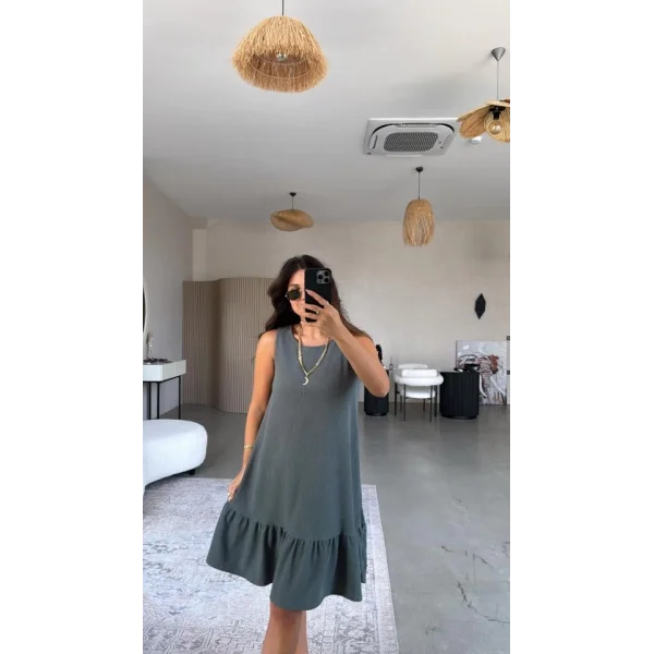 Kadın Bisiklet Yaka Eteği Volanlı Bürümcük Elbise