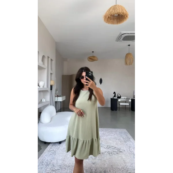 Kadın Bisiklet Yaka Eteği Volanlı Bürümcük Elbise