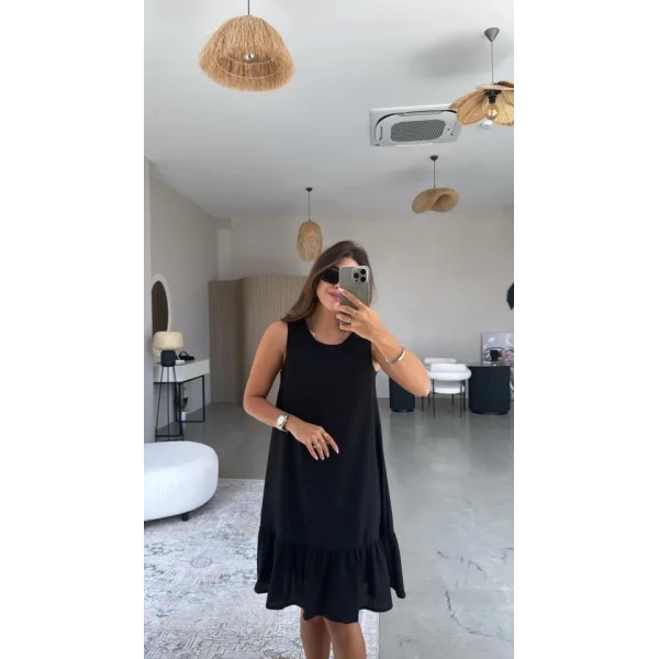 Kadın Bisiklet Yaka Eteği Volanlı Bürümcük Elbise