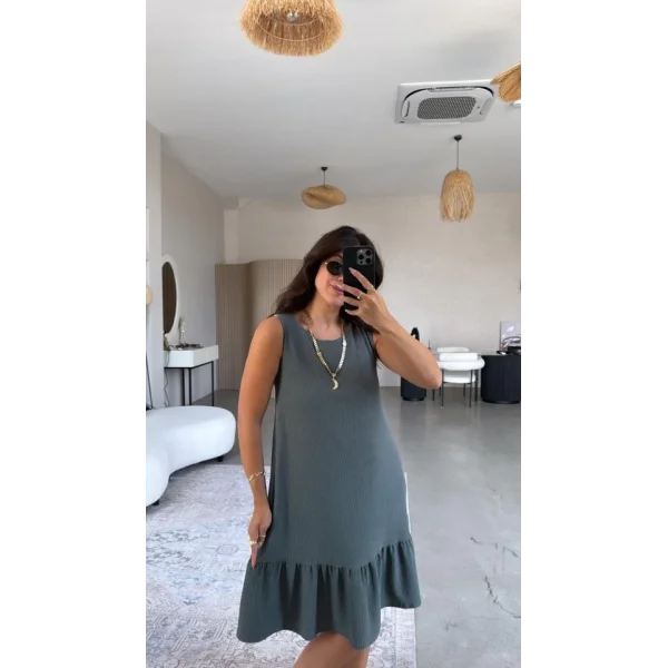 Kadın Bisiklet Yaka Eteği Volanlı Bürümcük Elbise