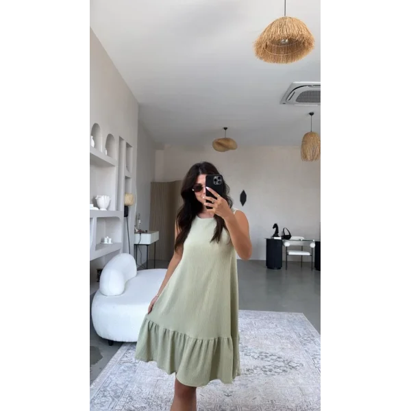 Kadın Bisiklet Yaka Eteği Volanlı Bürümcük Elbise