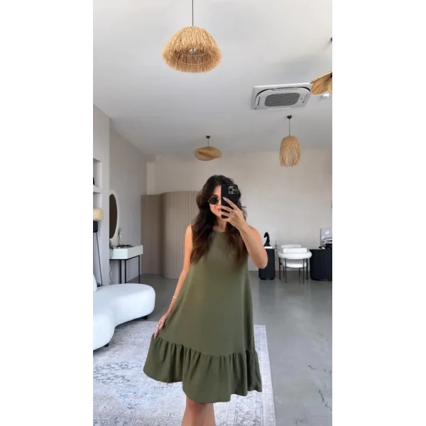 Kadın Bisiklet Yaka Eteği Volanlı Bürümcük Elbise