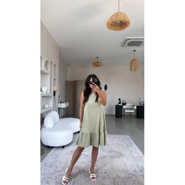 Kadın Bisiklet Yaka Eteği Volanlı Bürümcük Elbise