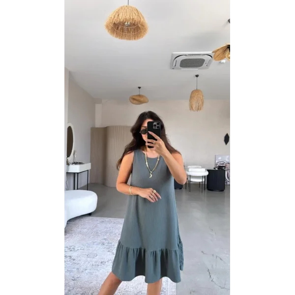 Kadın Bisiklet Yaka Eteği Volanlı Bürümcük Elbise