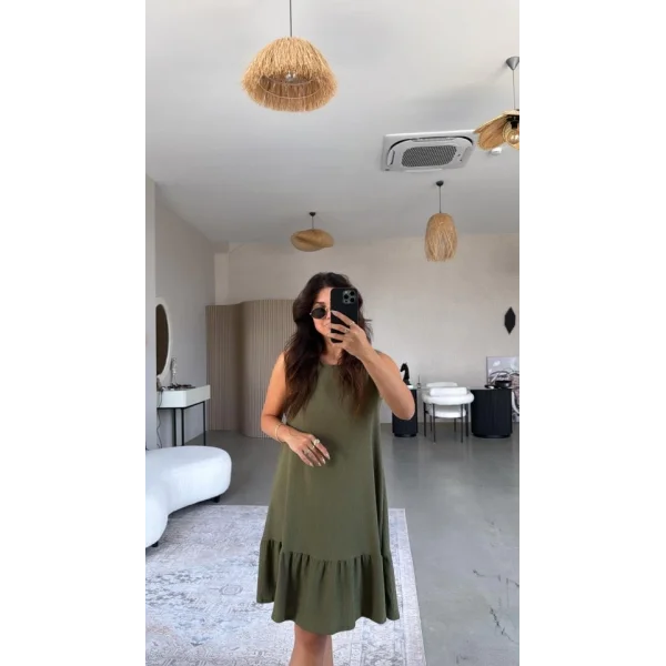 Kadın Bisiklet Yaka Eteği Volanlı Bürümcük Elbise