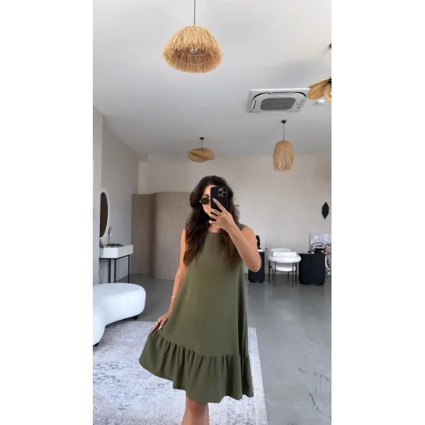 Kadın Bisiklet Yaka Eteği Volanlı Bürümcük Elbise