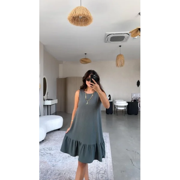 Kadın Bisiklet Yaka Eteği Volanlı Bürümcük Elbise