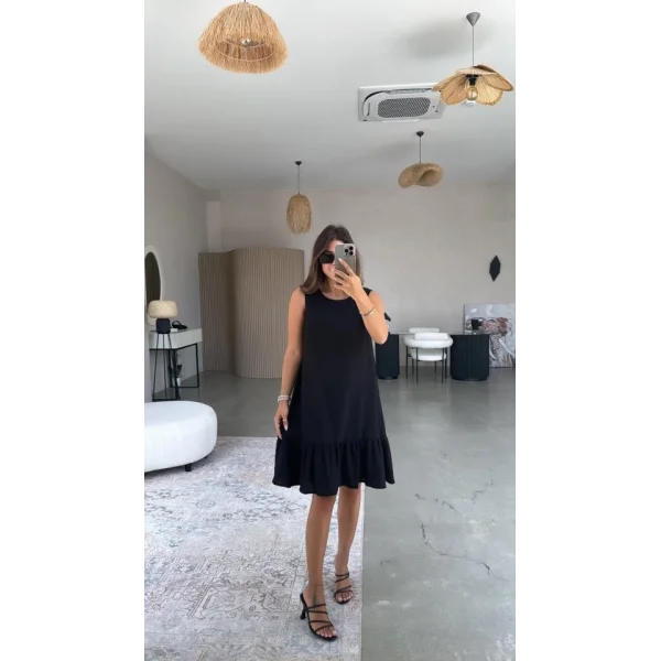 Kadın Bisiklet Yaka Eteği Volanlı Bürümcük Elbise