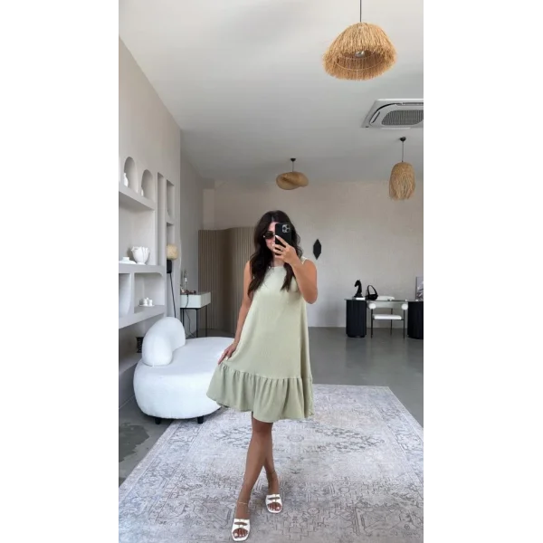 Kadın Bisiklet Yaka Eteği Volanlı Bürümcük Elbise