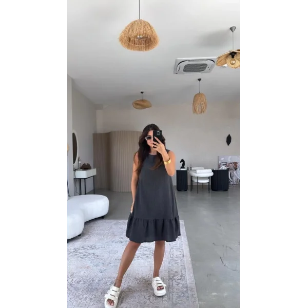 Kadın Bisiklet Yaka Eteği Volanlı Bürümcük Elbise