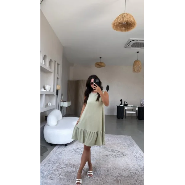 Kadın Bisiklet Yaka Eteği Volanlı Bürümcük Elbise