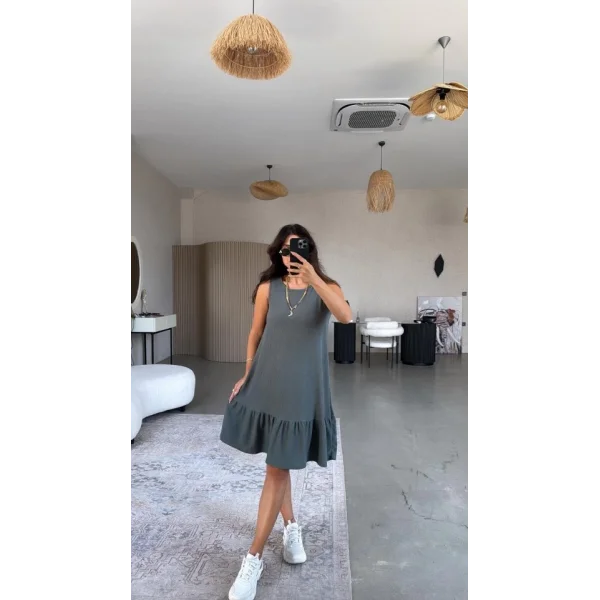 Kadın Bisiklet Yaka Eteği Volanlı Bürümcük Elbise