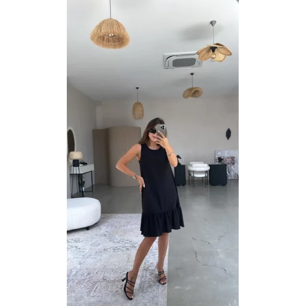 Kadın Bisiklet Yaka Eteği Volanlı Bürümcük Elbise