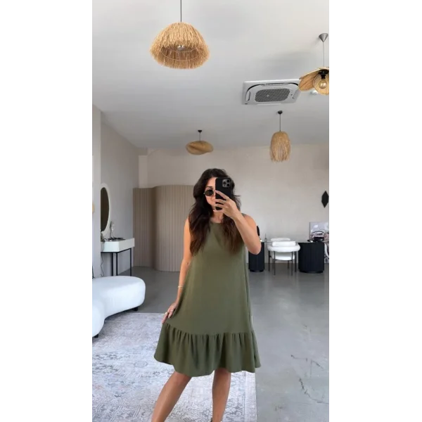 Kadın Bisiklet Yaka Eteği Volanlı Bürümcük Elbise